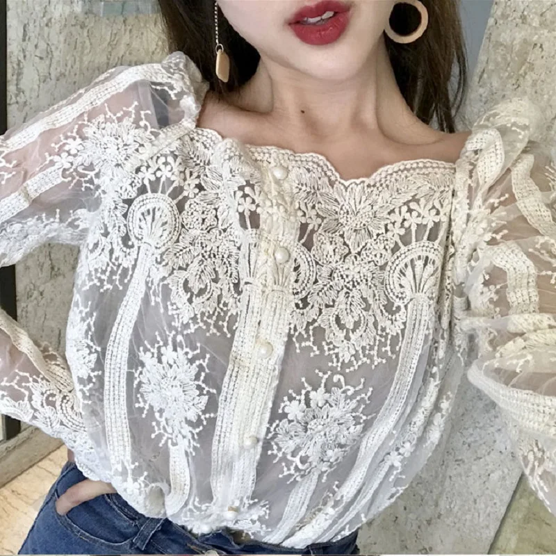 Slash-Neck collar Hook Mesh Pearls Shirts Strapless Lace bottoming shirt long-sleeve Gauze Stitching Blouse Single-breasted Tops
Slash-Neck collar Hook Mesh Pearls Shirts Strapless Lace bottoming shirt long-sleeve Gauze Stitching Blouse Single-breasted Tops
