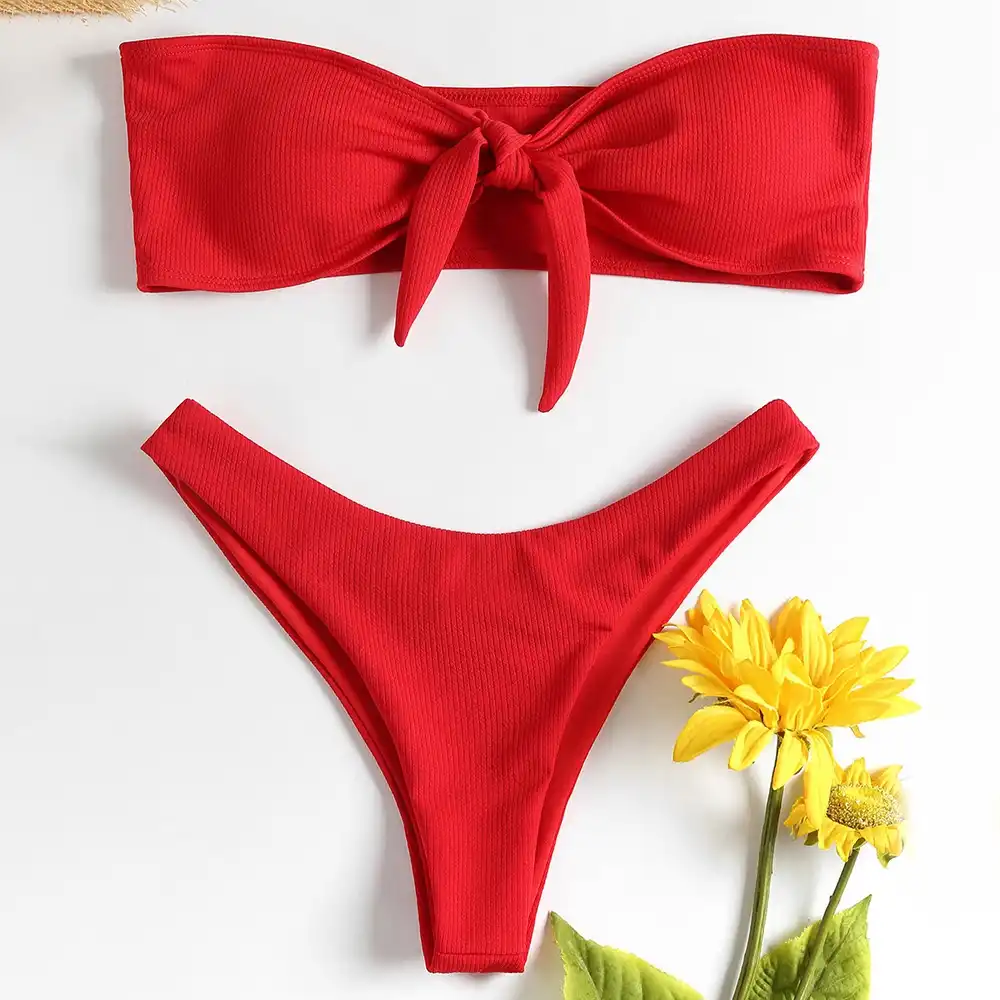 high cut ribbed bandeau bikini set