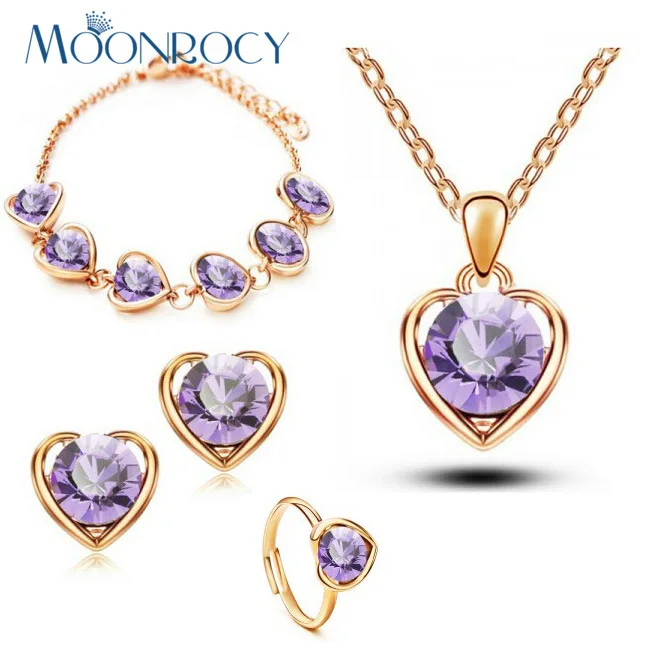 MOONROCY Free Shipping Rose Gold Color Crystal Necklace Earring Ring Bracelet Jewelry Set heart-shaped purple green for women
MOONROCY Free Shipping Rose Gold Color Crystal Necklace Earring Ring Bracelet Jewelry Set heart-shaped purple green for women