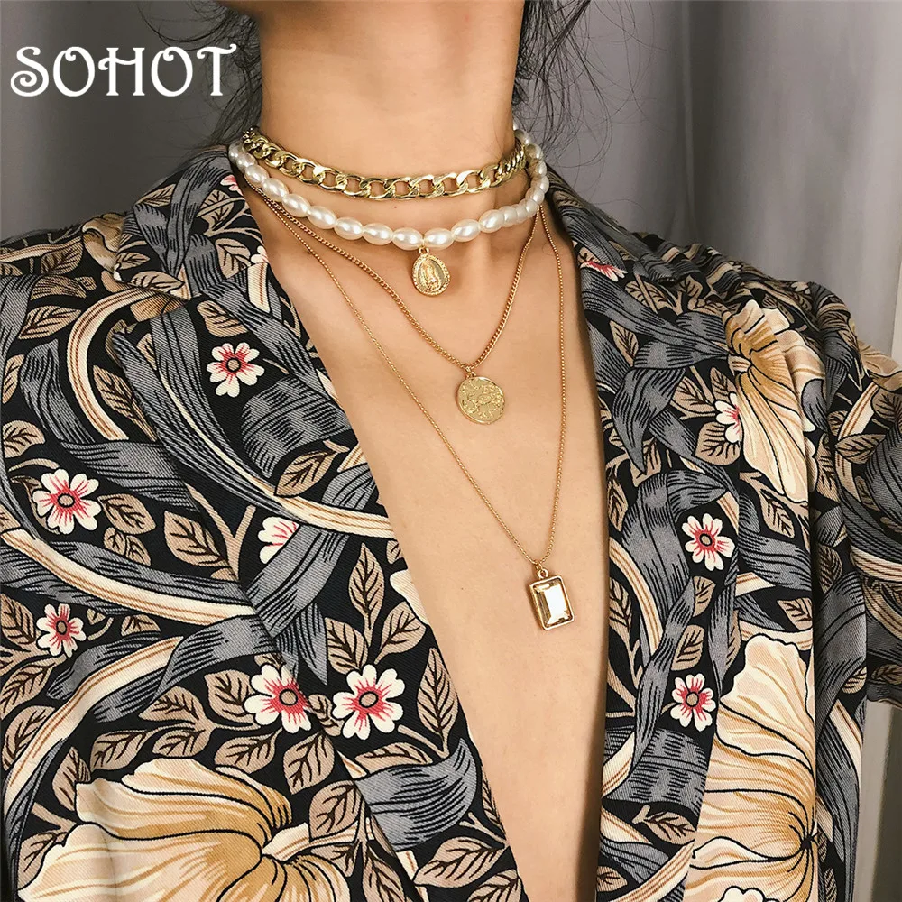 

SOHOT Brand Romantic Multilayer Women Pendant Necklaces Wide Chokers Chic Pearl Jewelry Square Acrystal Dangle For Party Bijoux