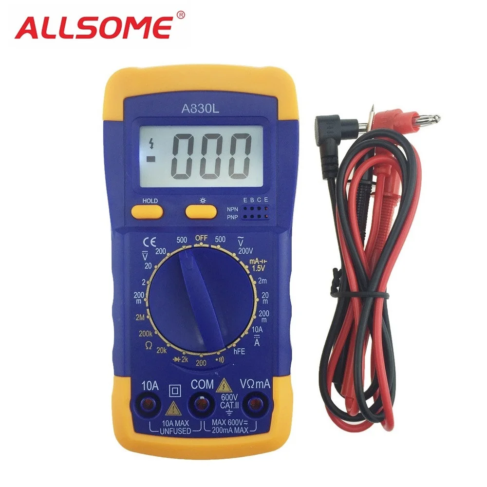 ALLSOME A830L Digital Multimeter LCD Digital Multimeter DC AC Voltage Diode Freguency Multitester Buzzer Test Backlight HT1496
ALLSOME A830L Digital Multimeter LCD Digital Multimeter DC AC Voltage Diode Freguency Multitester Buzzer Test Backlight HT1496