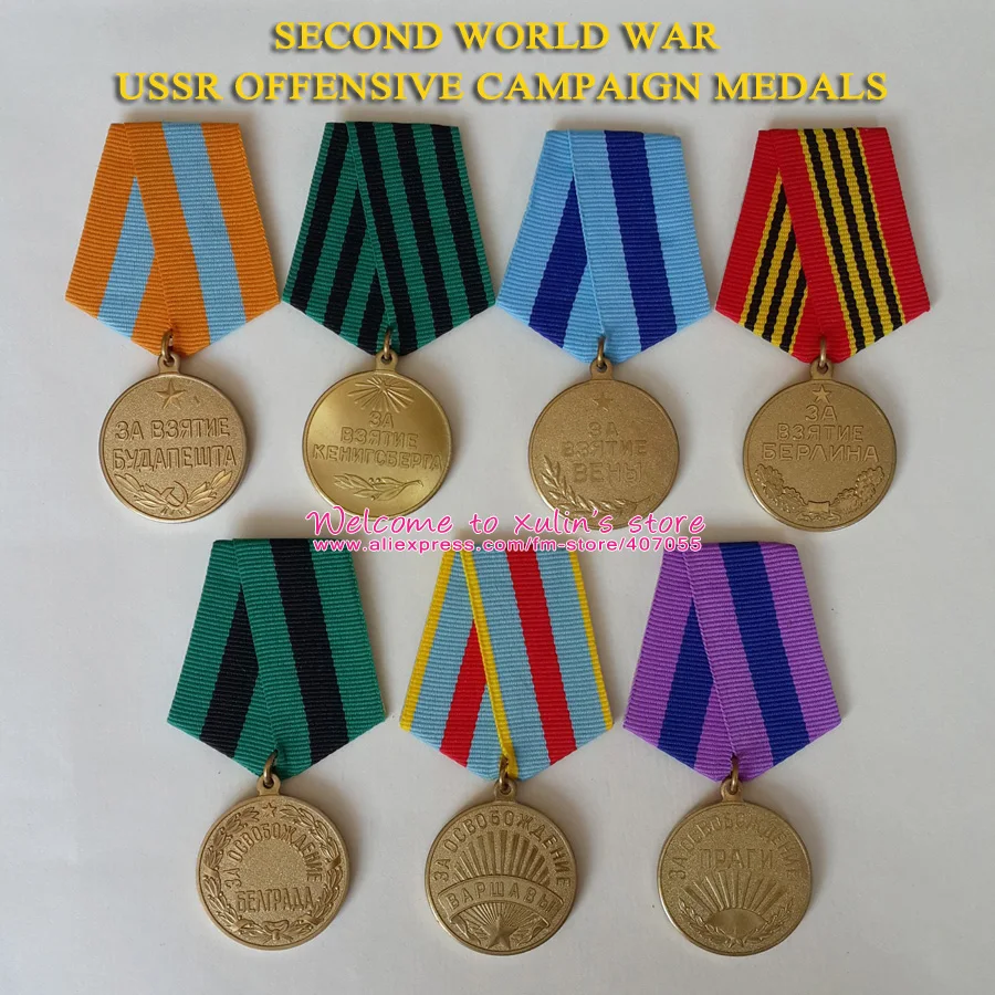 XDT0022 7 Pieces Different Kinds WWII Soviet Union Full Set Offensive Campaign Medals 32mm Circular Brass Medal with 24mm Ribbon
XDT0022 7 Pieces Different Kinds WWII Soviet Union Full Set Offensive Campaign Medals 32mm Circular Brass Medal with 24mm Ribbon