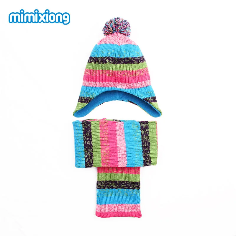 Image Toddler Kids Girls Hat Beanie Neck Warmer Set Gradient Stripes Knitted Children Boys Baby Infant Cpaps+Scarf Suit Christmas Gift