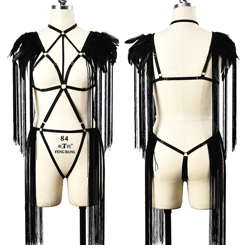 Goth Rave Feathers Tassel Epaulette Body Harness Fetish Bralette Panties String Tassel Set Punk Pole Dance Erotic Cage Bra
Goth Rave Feathers Tassel Epaulette Body Harness Fetish Bralette Panties String Tassel Set Punk Pole Dance Erotic Cage Bra
