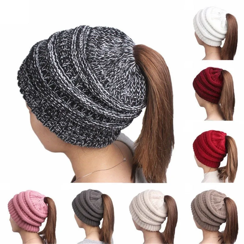 

New Arrival 8 Colors Ponytail Modeling Cap Fashion Winter Women's Knitting Wool Hat Earpiece Cap Stretchy Warm Hat Beanie Gifts