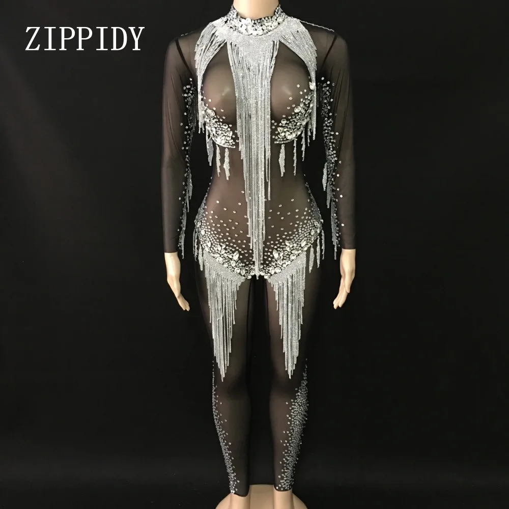 Bright Silver Rhinestones Tassel Jumpsuit Crystals Black Mesh Bodysuit Women's Celebrate Luxurious Costume See Through Clothes
Bright Silver Rhinestones Tassel Jumpsuit Crystals Black Mesh Bodysuit Women's Celebrate Luxurious Costume See Through Clothes
