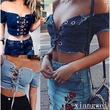 Sexy Women Off Shoulder Bandage Denim Crop Top Bustier Female Party Short Jean Camisole Tank Tops
Sexy Women Off Shoulder Bandage Denim Crop Top Bustier Female Party Short Jean Camisole Tank Tops