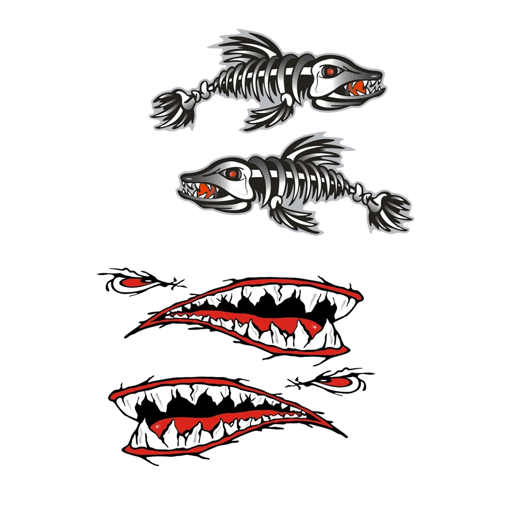 4 Pieces / Set Vinyl Shark Mouth Fish Bone Kayak Dinghy Fishing Boat Decals Car Bumper Wall Funny Stickers Vinyl