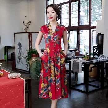 2019 Knee Length Cheongsam Traditional Chinese style Short Sleeve Dress Womens Summer Rayon Qipao Slim Party Dresses Vestido
2019 Knee Length Cheongsam Traditional Chinese style Short Sleeve Dress Womens Summer Rayon Qipao Slim Party Dresses Vestido