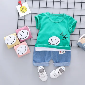 Summer Baby Boys Sport Casual 2Pcs Suits Girls Kids Clothing Sets Short Sleeve Smiling Face T-shirt Tops + Denim Jeans Shorts
Summer Baby Boys Sport Casual 2Pcs Suits Girls Kids Clothing Sets Short Sleeve Smiling Face T-shirt Tops + Denim Jeans Shorts