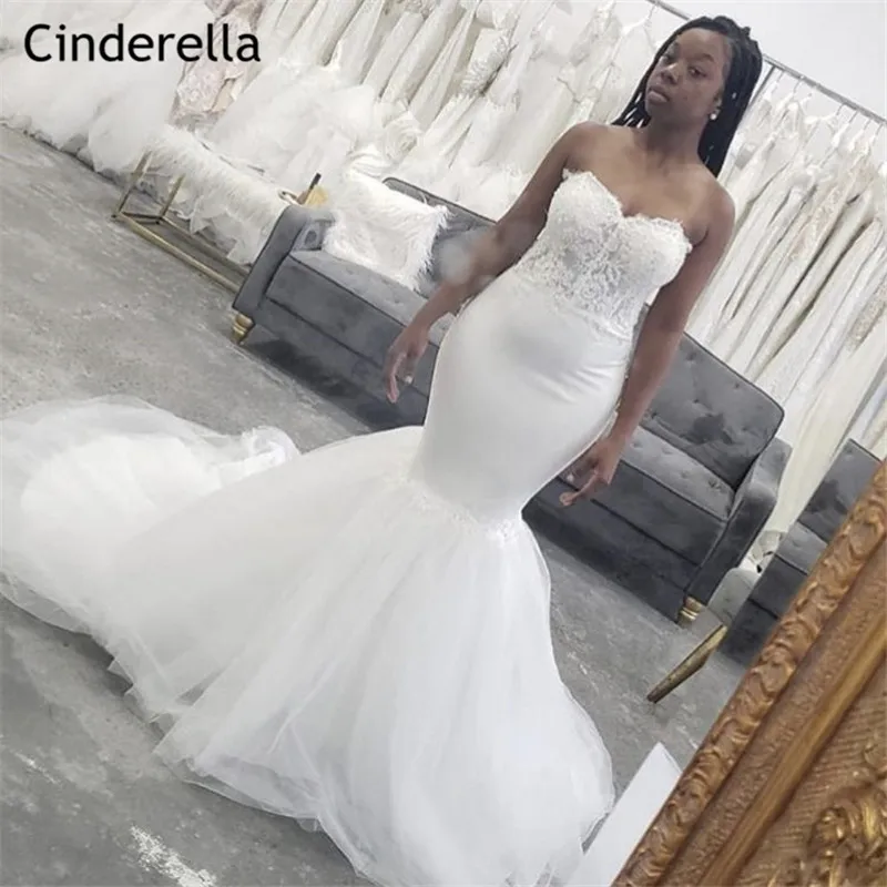 Cinderella African Style Sweetheart Mermaid Lace Up Back Satin Lace Applique Crystal Beaded Wedding Dresses vestido de noiva
Cinderella African Style Sweetheart Mermaid Lace Up Back Satin Lace Applique Crystal Beaded Wedding Dresses vestido de noiva