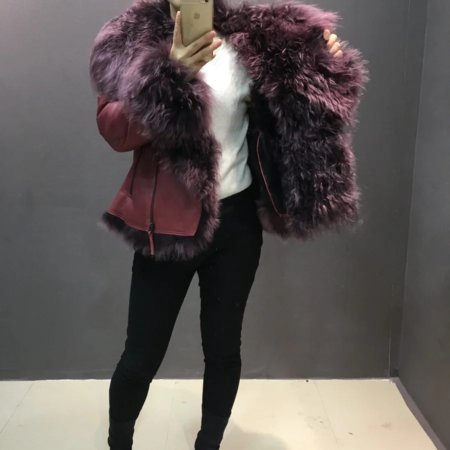 female fashion real sheep leather jacket with fur (3)