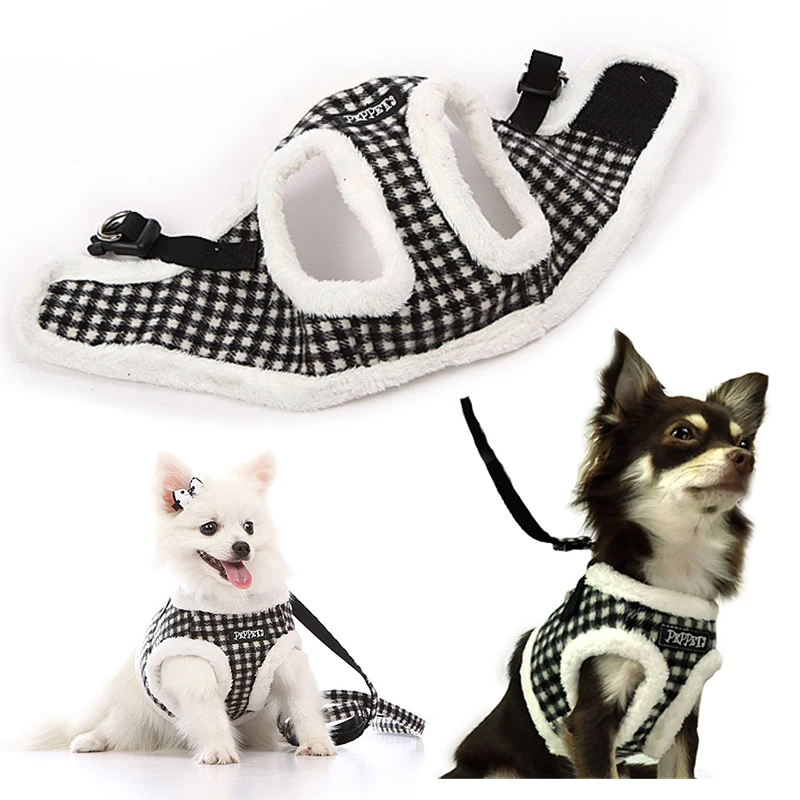 

GLORIOUS KEK Winter Dog Harness and Leash Set Warm Fleece Lined Small Dogs Harness Lead Set Cute Plaid Dog Vest Strap Chihuahua