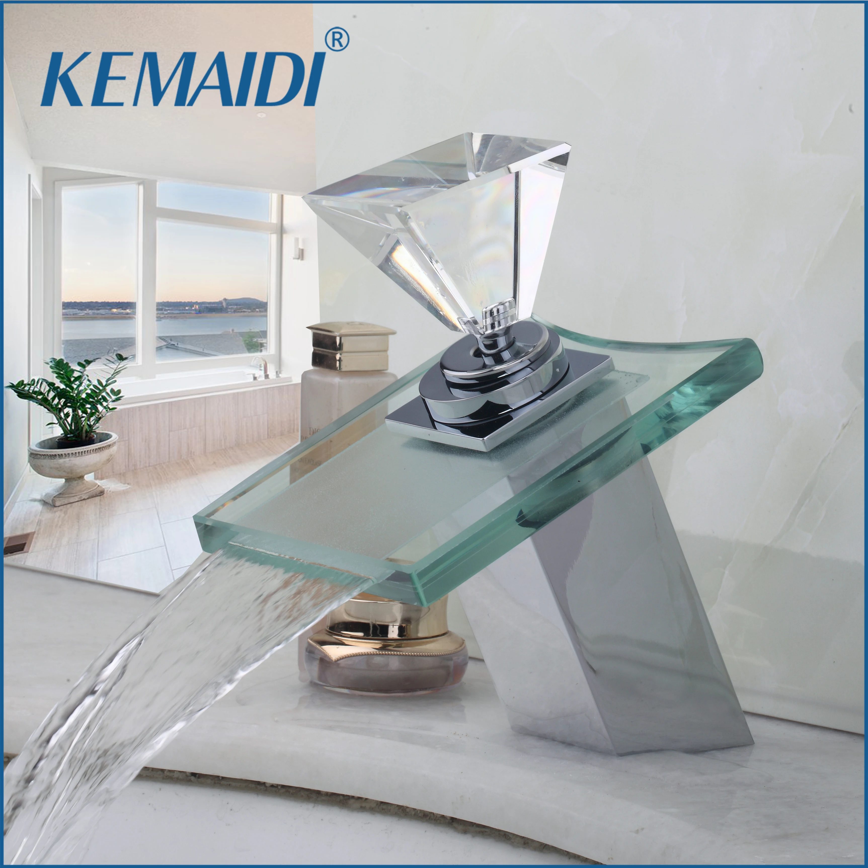 

KEMAIDI RU Bathroom Faucets Luxury Square Deck Mount Waterfall Glass Brass Basin Sink Faucet Tap Diamond Handle Mixers & Taps