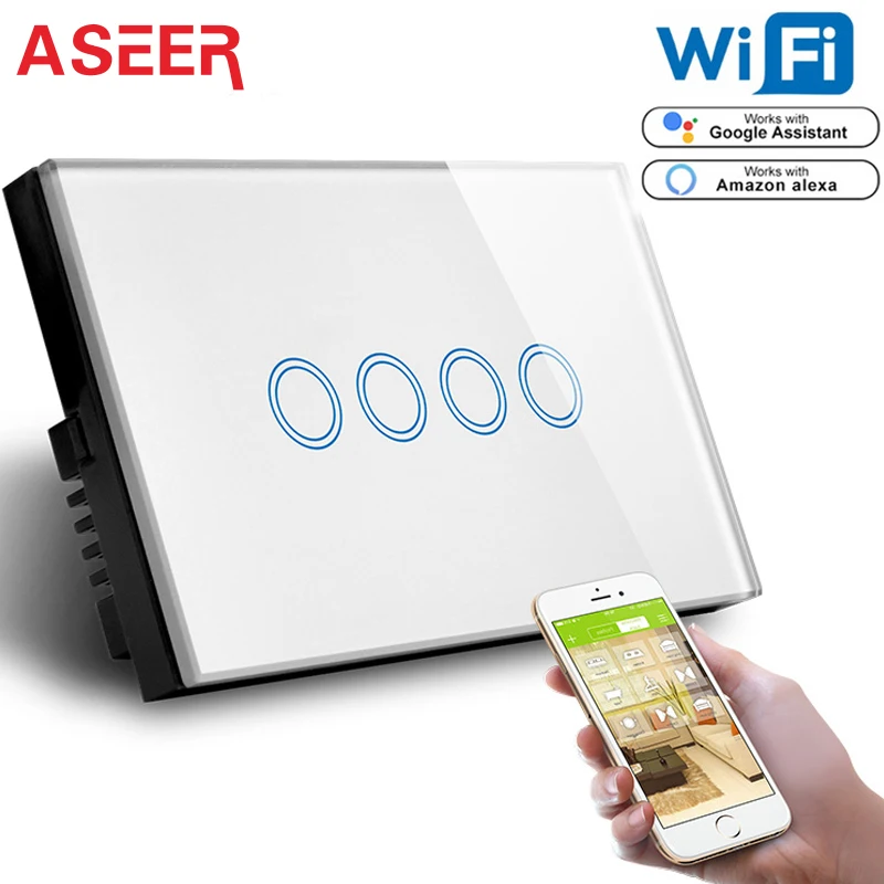 ASEER US 4 Gang Smart Switch Wifi APP Control Lamp Switch,Crystal Glass Switch WIFI2.4GHz,Compatible With Alexa Google Assistant
ASEER US 4 Gang Smart Switch Wifi APP Control Lamp Switch,Crystal Glass Switch WIFI2.4GHz,Compatible With Alexa Google Assistant