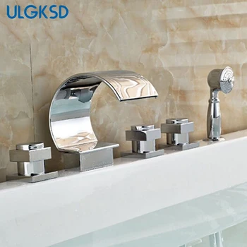 

Ulgksd Chrome Bathtub Faucet 5 pcs Mixer Taps New Arrival Bathroom Shower Faucet with Handheld Spout Deck Mounted
