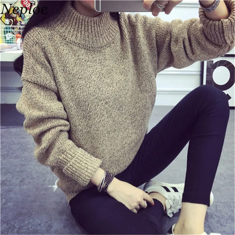 

Neploe Half Turtleneck Solid Sweaters Women Tops Thick Long Sleeve Sueter Mujer Knitwear Autumn Winter Warm Pullovers 68171