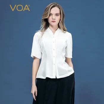 VOA new pure white heavy silk cardigan V-neck five-point sleeve single-breasted commuter temperament wild shirt female B1053