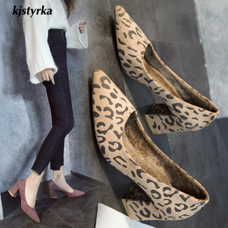 

kjstyrka 2018 fashion leopard flock plush winter women pumps lady party pointed toe 6.5cm chunky heels shoes zapatos de mujer
