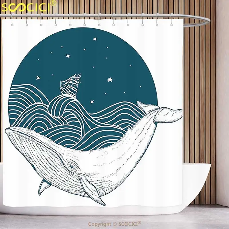 Funky Shower Curtain Whale Decor Big Whale Swimming in a Wavy Ocean with Stars and Old Antique Ship Artwork Blue and White
Funky Shower Curtain Whale Decor Big Whale Swimming in a Wavy Ocean with Stars and Old Antique Ship Artwork Blue and White