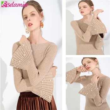 ESDAMIER Slim Women Pullovers Vintage Slash Neck Long Flare Sleeve Elasticity Pullovers Woman Knitted Solid Beading Sweater
ESDAMIER Slim Women Pullovers Vintage Slash Neck Long Flare Sleeve Elasticity Pullovers Woman Knitted Solid Beading Sweater