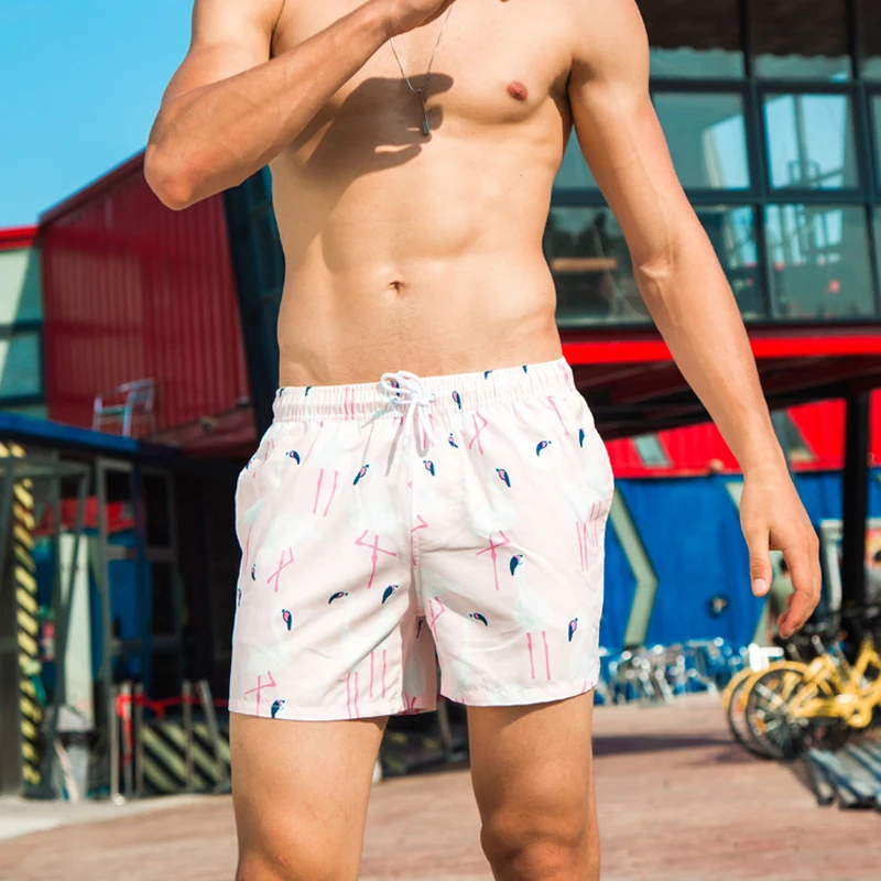 Мужские пляжные шорты SD604 с принтом фламинго на розовом и голубом фоне для