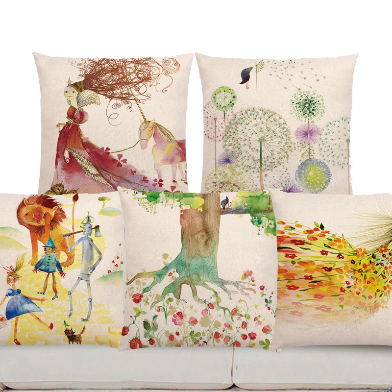 

Fresh Style Watercolor Decorative Pillow Covers Cartoon Bird Beautiful Tree Leaf Flowers Unicorn Fairy Tale Cushion Cover Decor