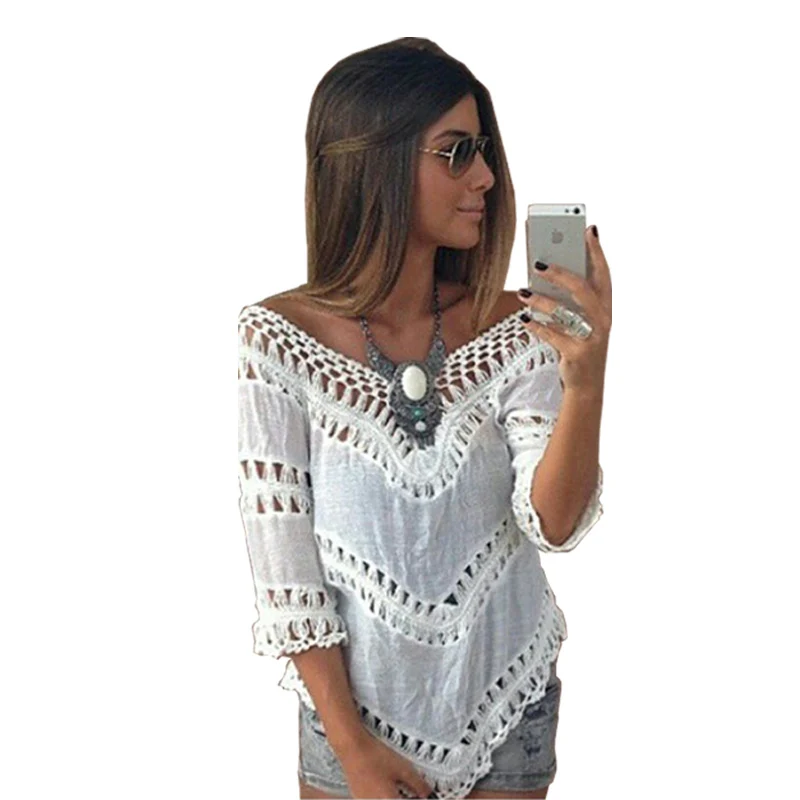 

Sexy V neck White Tunic Crochet Lace Top Women Elegant Blouse Ladies Beach Kimono Shirt Big size Blusa Renda mujer chemise femme