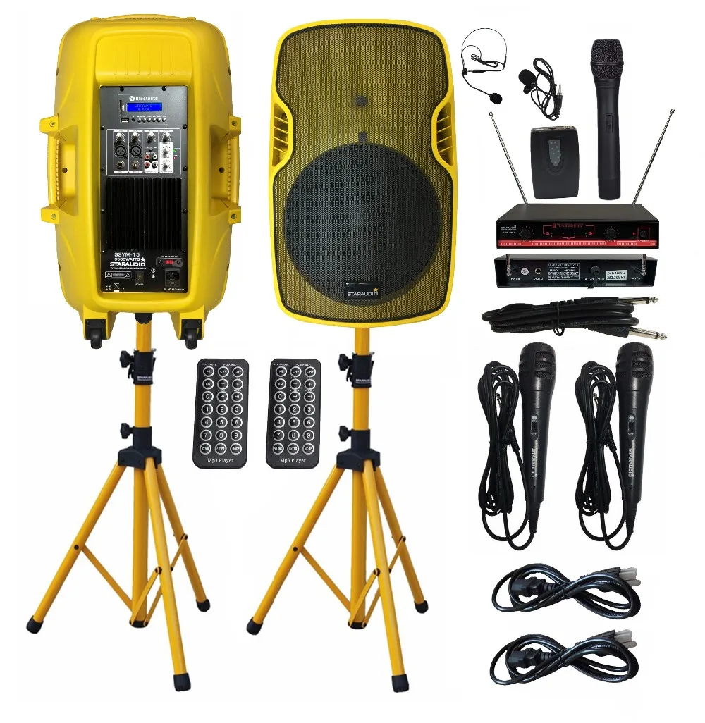 STARAUDIO Pair 3500W 15" PA Speakers Powered DJ Speaker Stands Wired Mic 2CH VHF Wireless Handheld Headset Microphone SSYM-15
STARAUDIO Pair 3500W 15" PA Speakers Powered DJ Speaker Stands Wired Mic 2CH VHF Wireless Handheld Headset Microphone SSYM-15