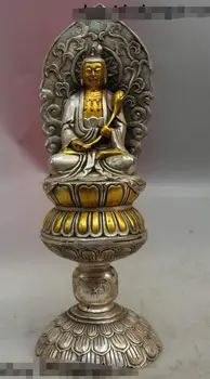 11" China Tibet Silver gild Buddhism Lotus Kwan-yin Guanyin Bodhisattva Statue
