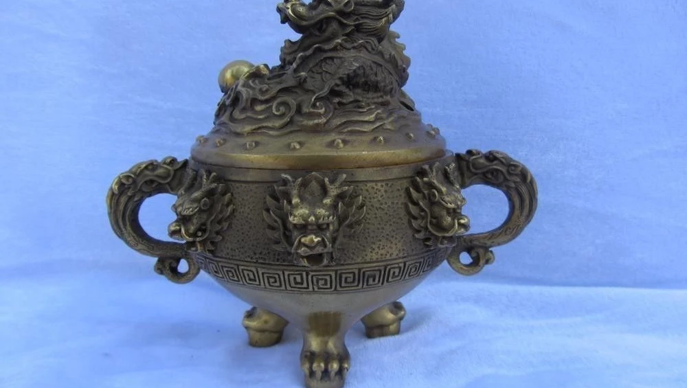 

Chinese Royal Brass Copper Feng Shui Two Beast Ear Dragon Incense Burner Censer