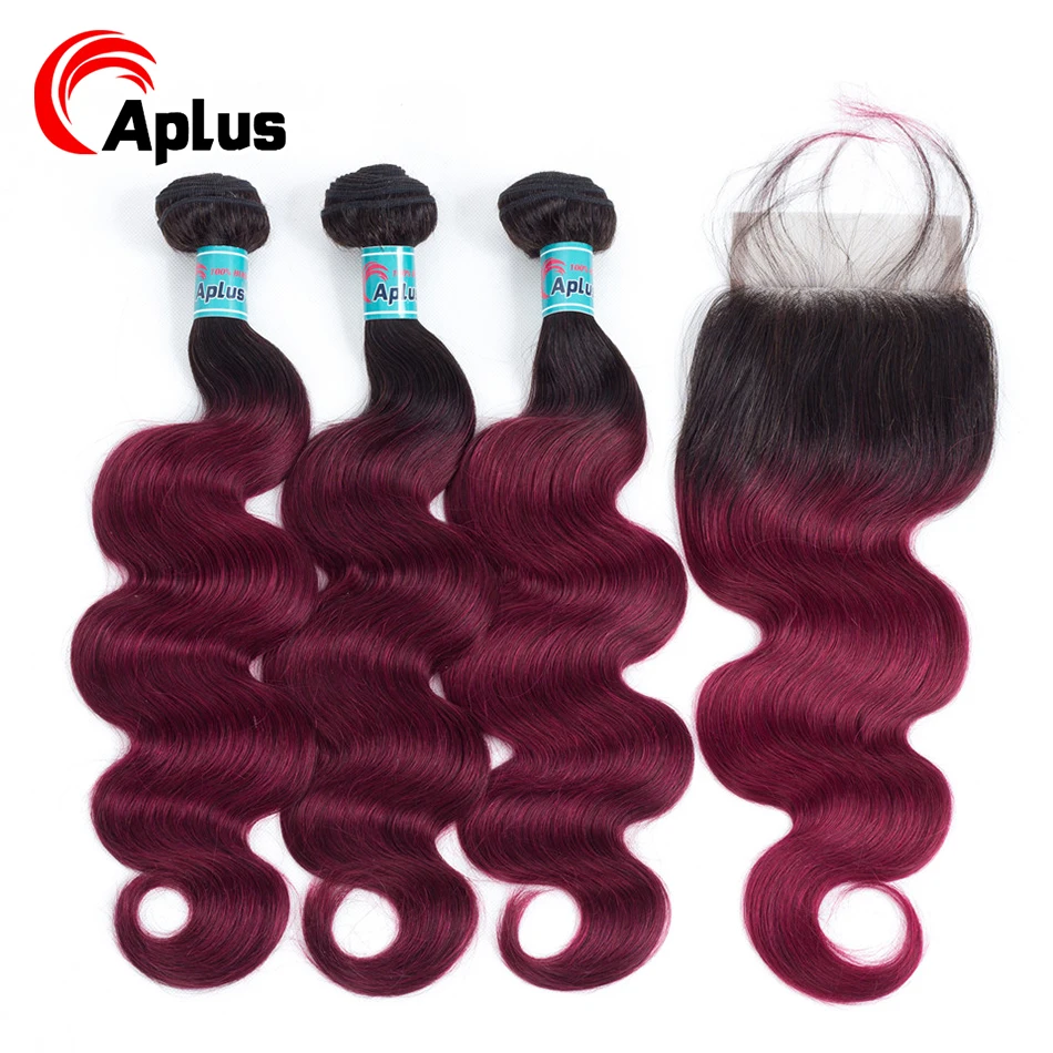 

Aplus Hair Ombre Malaysian Body Wave 3 Bundles With Closure 1B/Burgundy Ombre Human Hair Bundles With Closure 99J Red Non Remy