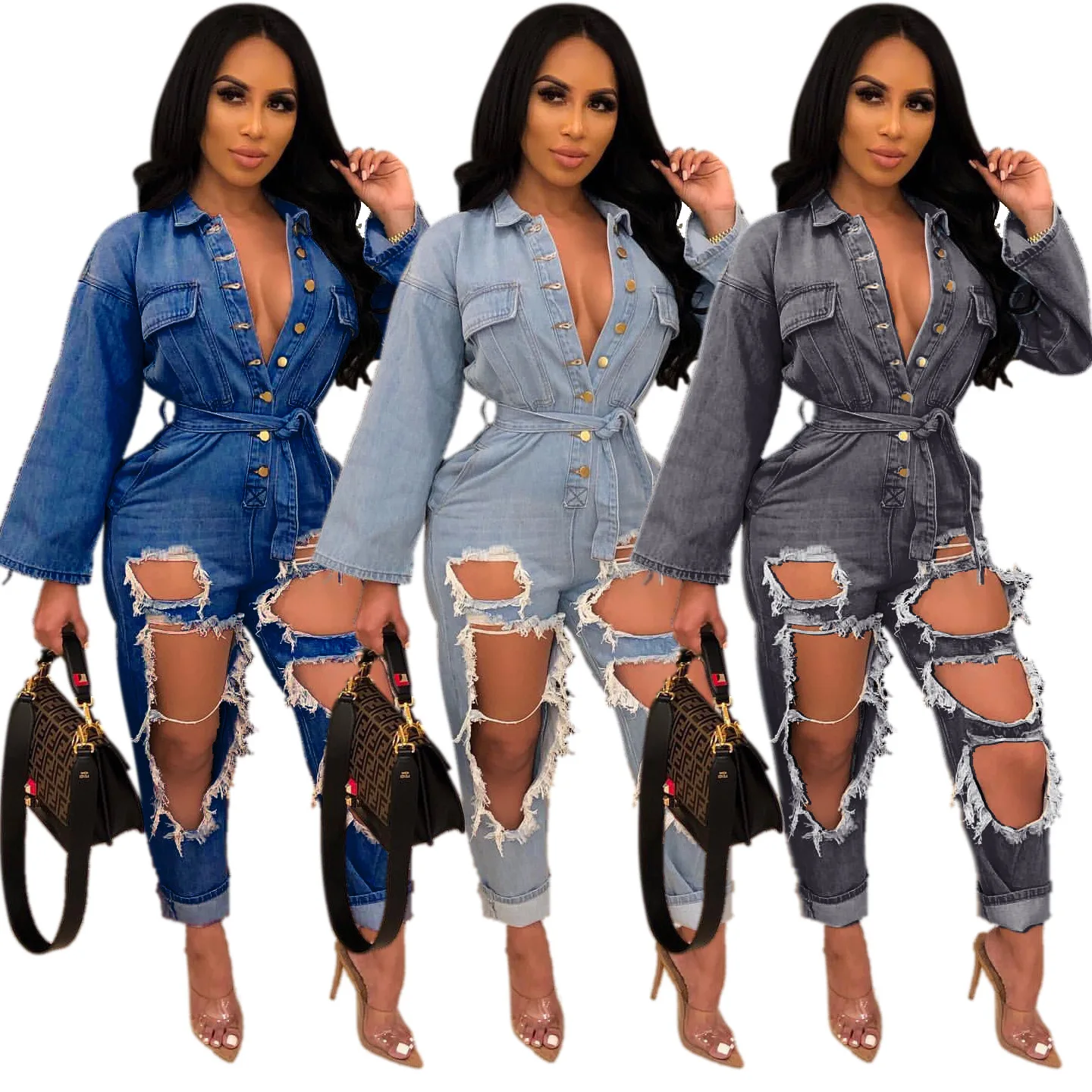 Sexy Single-breasted Open-chest Style Clothes Fashion Loose Long-sleeved Washed Hole Tooling Denim Jumpsuit Xm6102 Summer
Sexy Single-breasted Open-chest Style Clothes Fashion Loose Long-sleeved Washed Hole Tooling Denim Jumpsuit Xm6102 Summer