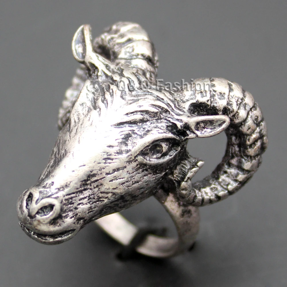 

Antique Occult Baphomet Ram Aries Zodiac Sheep Goat Head Horn Biker Ring Gift Jewelry New personalized hip hop