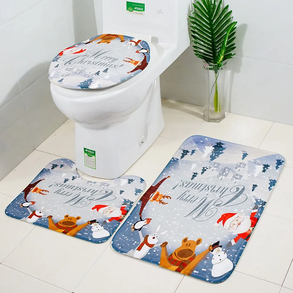 

Bathtub Rugs anti slip mat for bathroom Christmas print toilet mat three-piece bath mat and shower curtain set alfombra ducha an