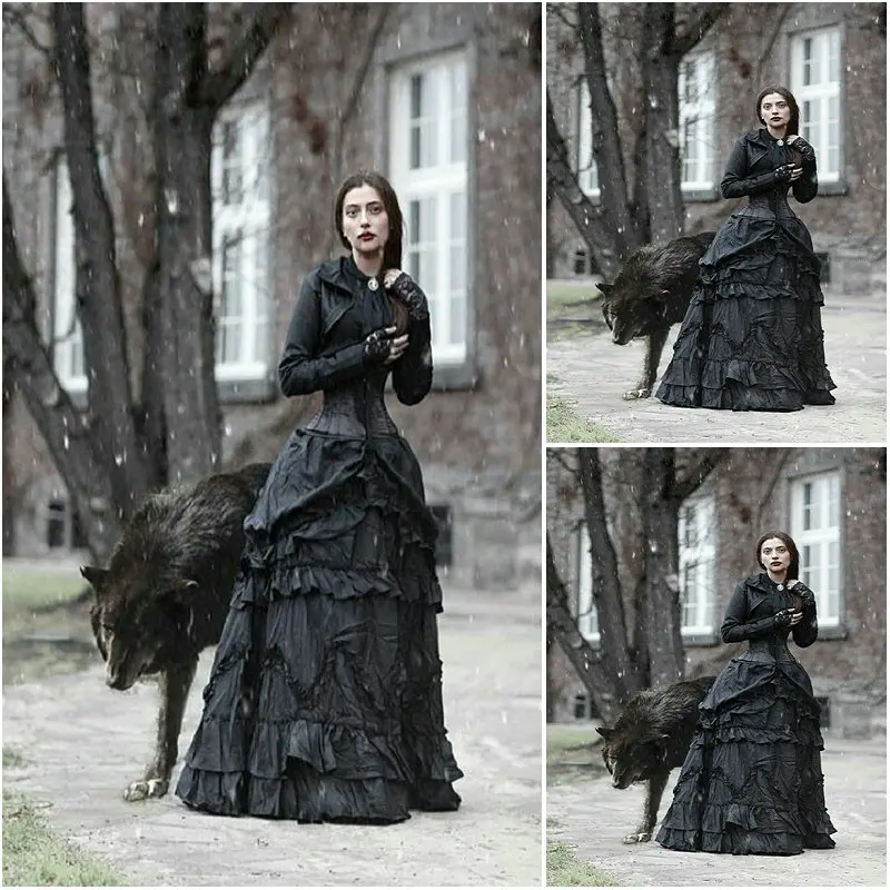 Черные винтажные костюмы платье эпохи Возрождения платья в стиле стимпанк