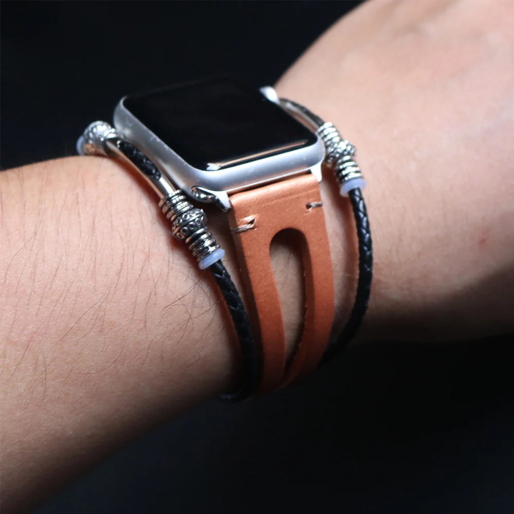 Handmade Apple Watch Band Made Ethnic Vintage Bead With Leather Retro Punk Style Bracelet 44Mm/ 40Mm/ 42Mm/ 38Mm Fits Apple Watch Series 1 2