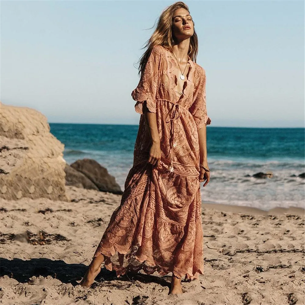 New Tunic Bikini Cover Up Robe Lace Sexy pink dress Women Beach Dress Mid-sleeve beach holiday dress
New Tunic Bikini Cover Up Robe Lace Sexy pink dress Women Beach Dress Mid-sleeve beach holiday dress