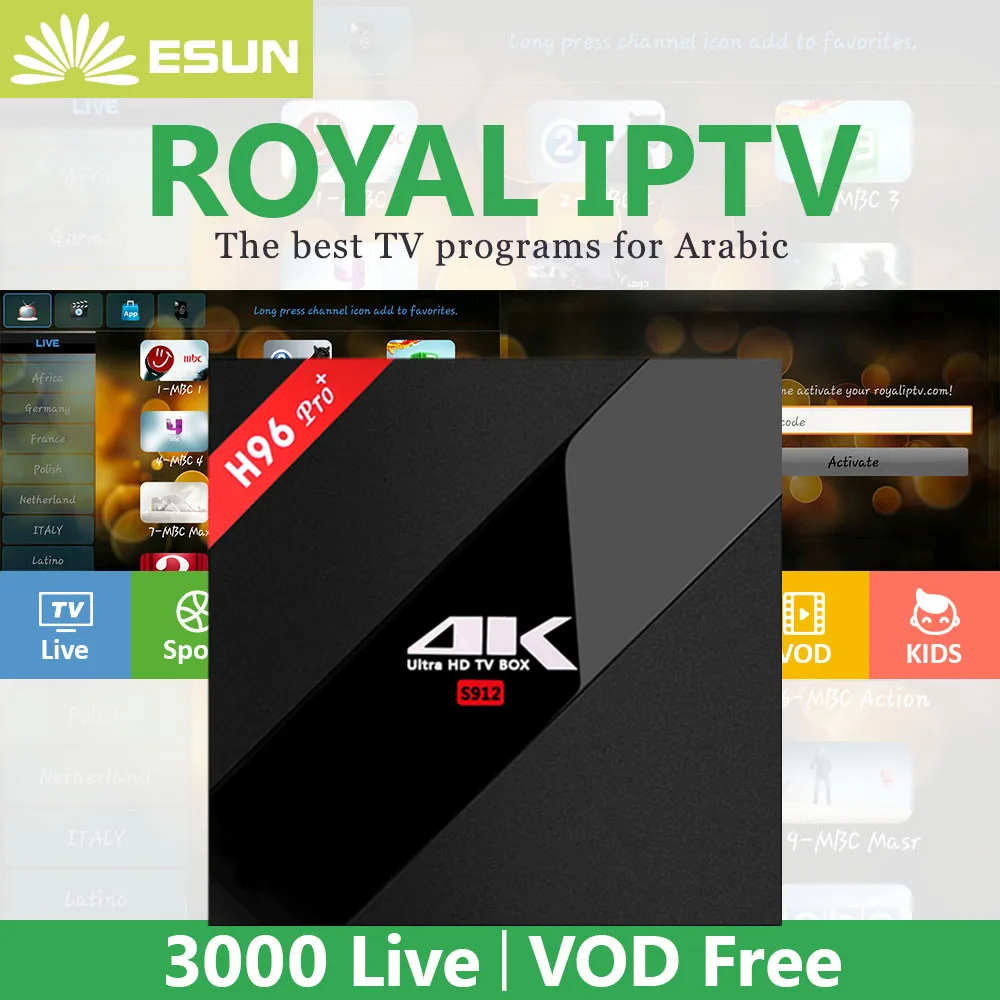 Royal IPTV H96Pro+ Android 7.0 IPTV BOX 3/32G S912 With 1 Year RoyalTV Configured Arabic Europe IPTV SET TOP BOX media player
Royal IPTV H96Pro+ Android 7.0 IPTV BOX 3/32G S912 With 1 Year RoyalTV Configured Arabic Europe IPTV SET TOP BOX media player