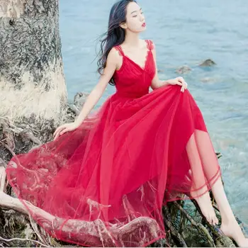 Women Casual Red Long Dress Summer Sexy V-Neck High-Waist Spaghetti Strap Mesh Cover Girls Fashion Maxi Dress Beach Holiday
Women Casual Red Long Dress Summer Sexy V-Neck High-Waist Spaghetti Strap Mesh Cover Girls Fashion Maxi Dress Beach Holiday