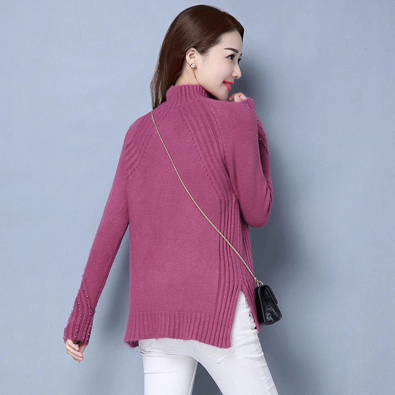 Women Autumn & Winter high collar sweater Ladies thick warm plain turtleneck pullovers long sleeve with beading | Женская одежда