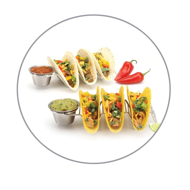 Stainless steel taco holder with dipping cup 1