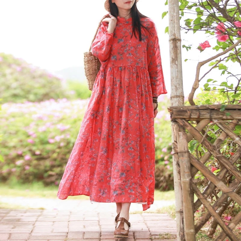 Hisenky 2018 Spring Ramie Three-Quarter Sleeve Dress Women Maxi Dresses Small Flower Shirt Robe Femme Elbise Vestido 1907 | Женская