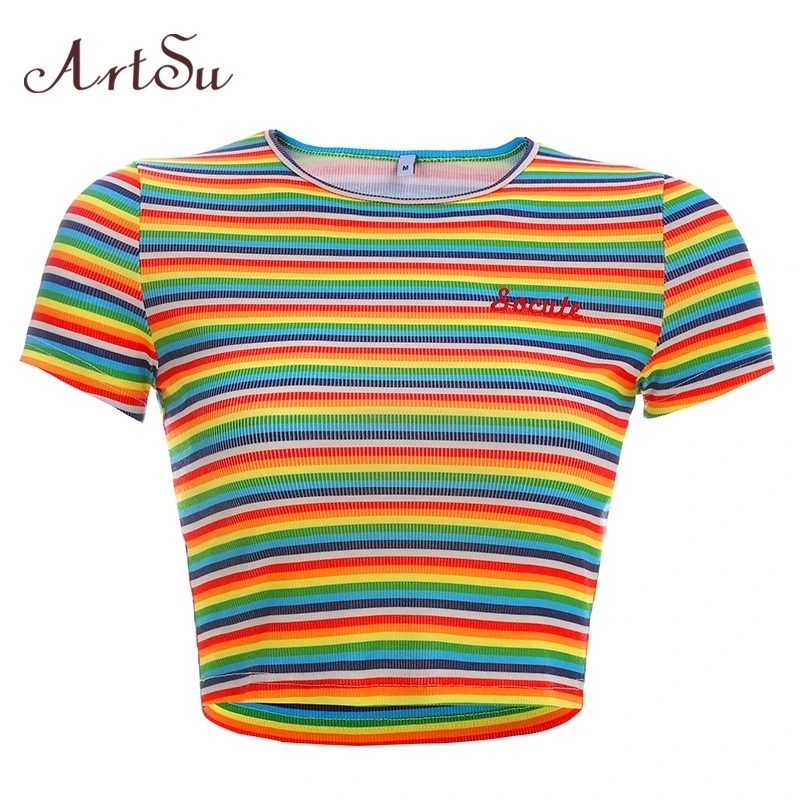 ArtSu Rainbow Striped Short Sleeve Crop Top T shirt Ladies Embroidery Letter Casual Woman Tshirt Top Harajuku Summer ASTS21037
ArtSu Rainbow Striped Short Sleeve Crop Top T shirt Ladies Embroidery Letter Casual Woman Tshirt Top Harajuku Summer ASTS21037
