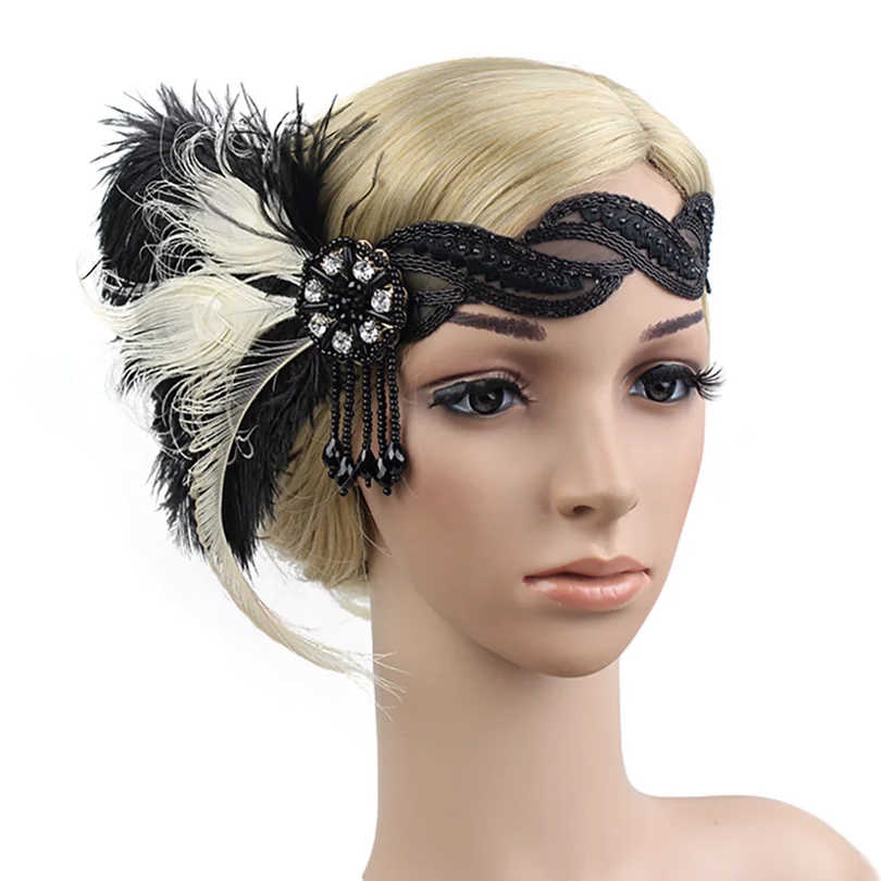 Gatsby аксессуары 1920 s шлепки головной убор черные страусиные перья повязки на