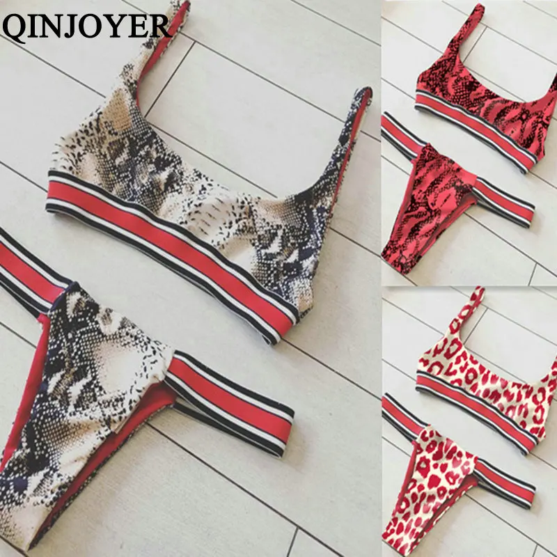 

QINJOYER Sexy Halter Top Swimwear Women Push Up Brazilian Bikini Set 2019 Snake Print Swimming Bathing Suit Tanga Female Bikini