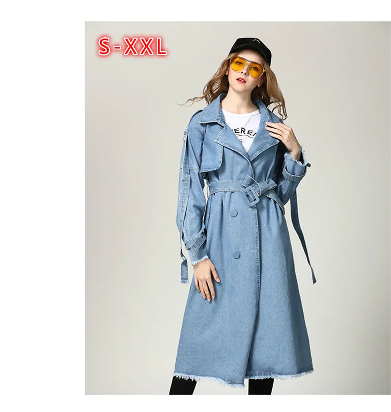 New Long Spring Coat Women Fashion Belt Slim Denim Trench Coat Long Sleeve Casual Double Breasted Womens Windbreakers Blue
New Long Spring Coat Women Fashion Belt Slim Denim Trench Coat Long Sleeve Casual Double Breasted Womens Windbreakers Blue