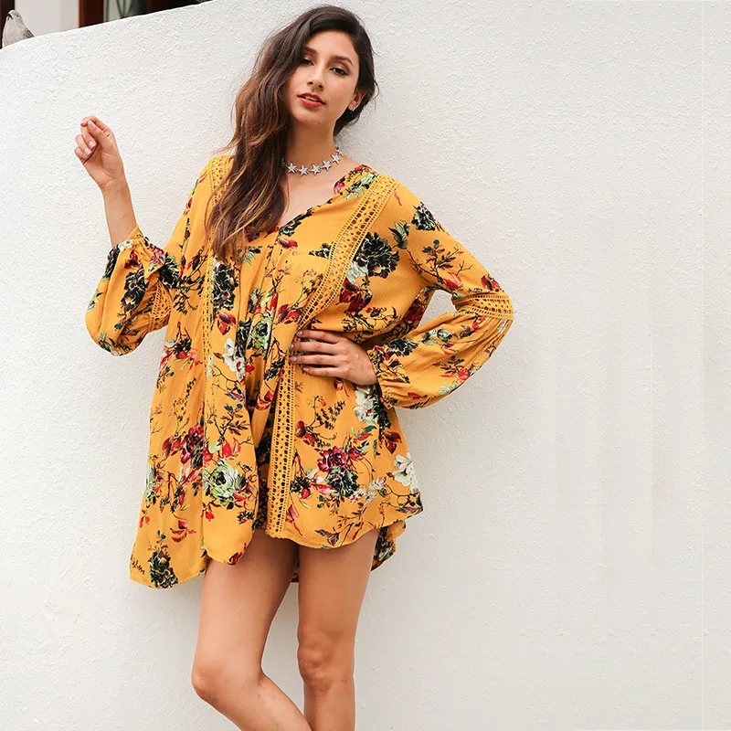 yinlinhe Yellow Florla Bohemian Summer Dress Long Lantern Sleeve V neck Beach Dress Women Hollow Out Loose Elegant Vestidos 3