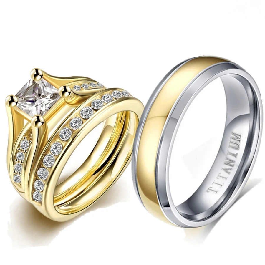 Pure Titanium Rings Couple Luxury Gold Cubic Zirconia Rings Set Vintage Engagement Wedding Bands Love Gift Godly Jewels 2019
Pure Titanium Rings Couple Luxury Gold Cubic Zirconia Rings Set Vintage Engagement Wedding Bands Love Gift Godly Jewels 2019