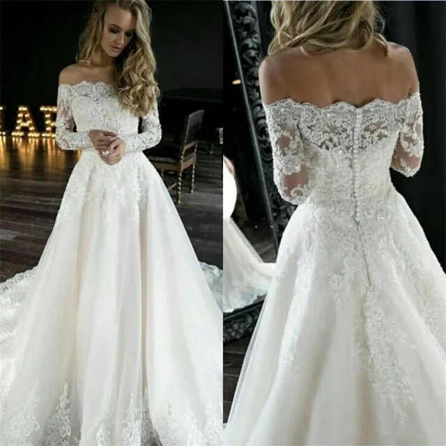 Off Shoulder Wedding Dresses Long Sleeves Lace Appliques Beaded Sweep Train Button Back Plus Size Bridal Gowns Robe De Mariee
Off Shoulder Wedding Dresses Long Sleeves Lace Appliques Beaded Sweep Train Button Back Plus Size Bridal Gowns Robe De Mariee